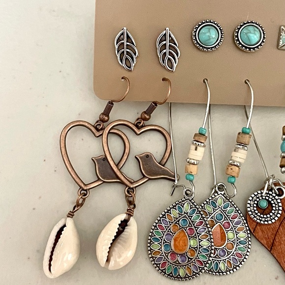 Boho Leaf Shells Feathers Birds Earring Set - Picture 4 of 5